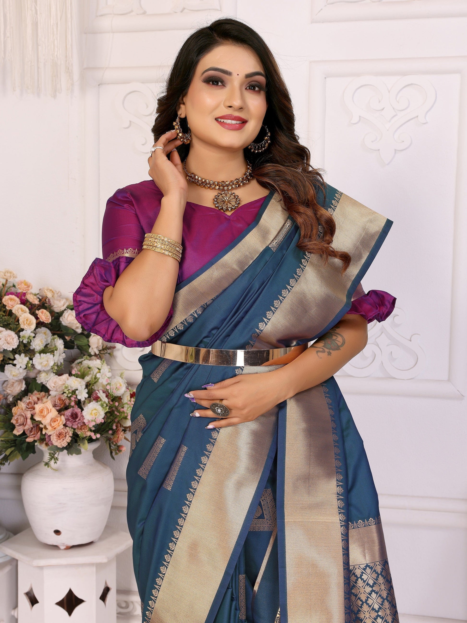 Vedant Vastram Soft Litchi Silk Banarasi Silk Saree - Blue | Swadesiicart