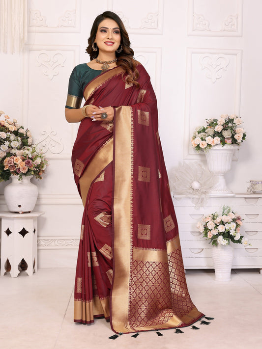 Vedant Vastram Soft Litchi Silk Banarasi Silk Saree - Maroon | Swadesiicart