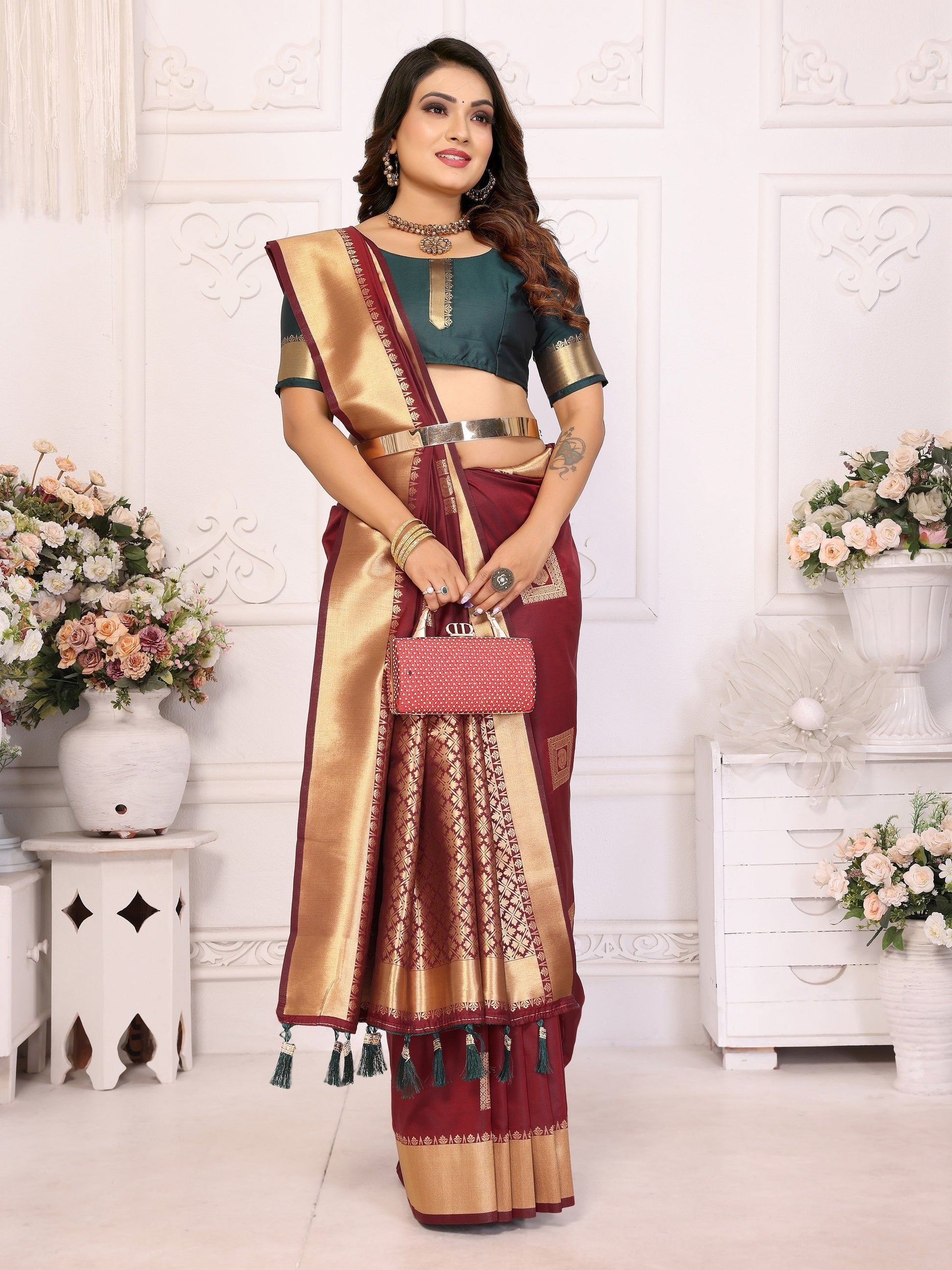 Vedant Vastram Soft Litchi Silk Banarasi Silk Saree - Maroon | Swadesiicart