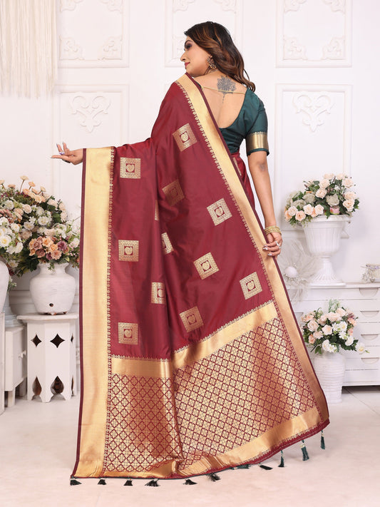 Vedant Vastram Soft Litchi Silk Banarasi Silk Saree - Maroon | Swadesiicart