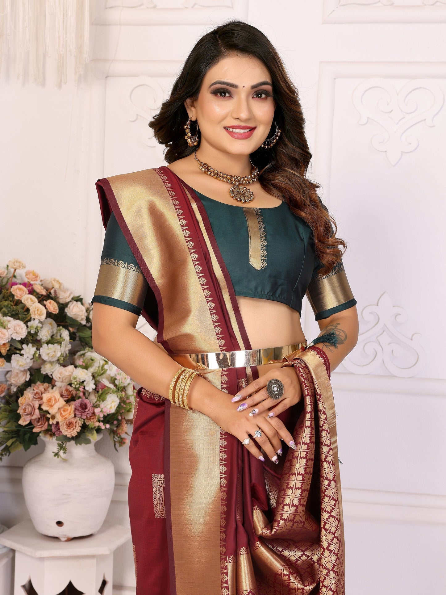 Vedant Vastram Soft Litchi Silk Banarasi Silk Saree - Maroon | Swadesiicart