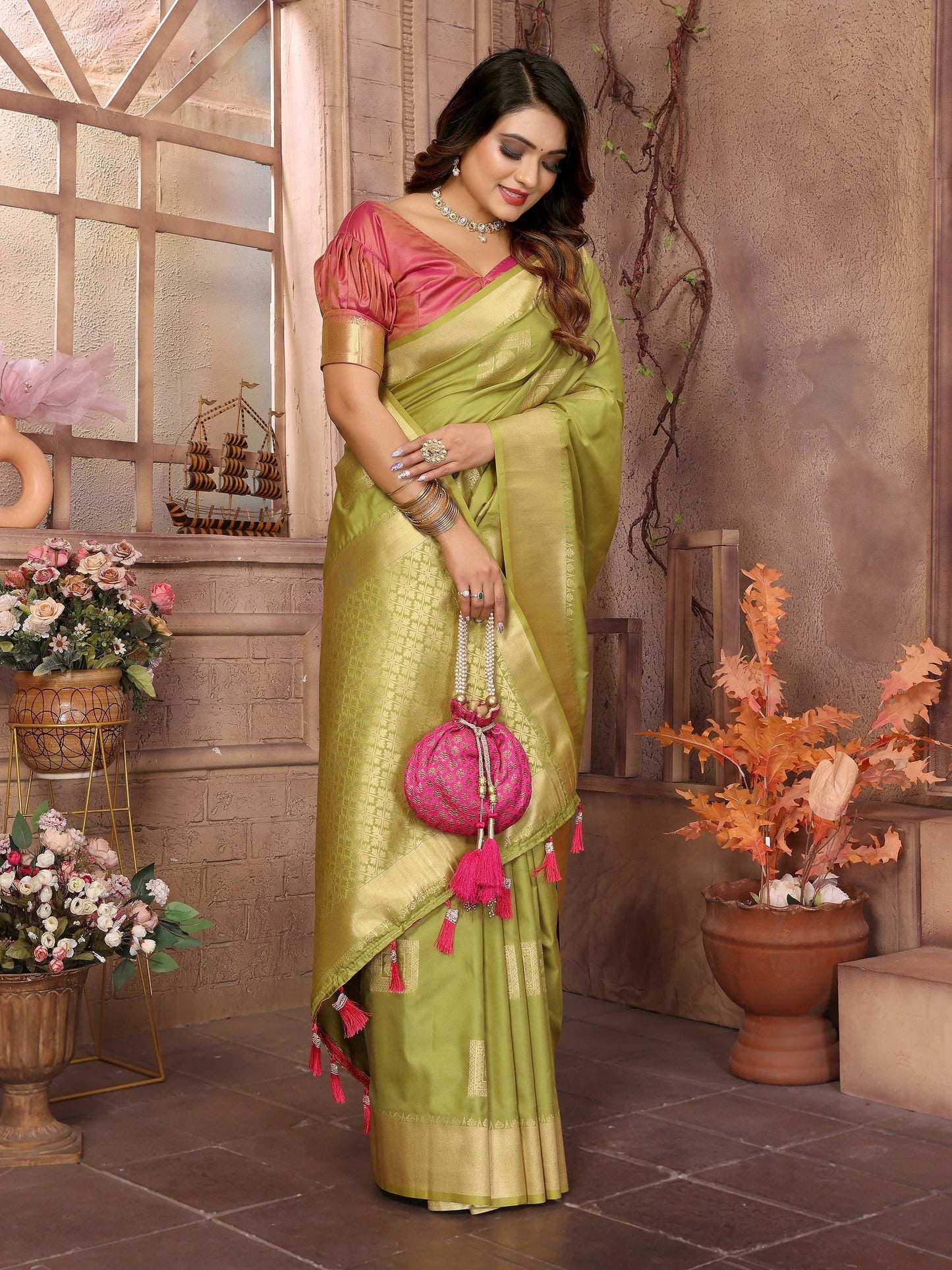 Vedant Vastram Soft Litchi Silk Banarasi Silk Saree - Olive | Swadesiicart