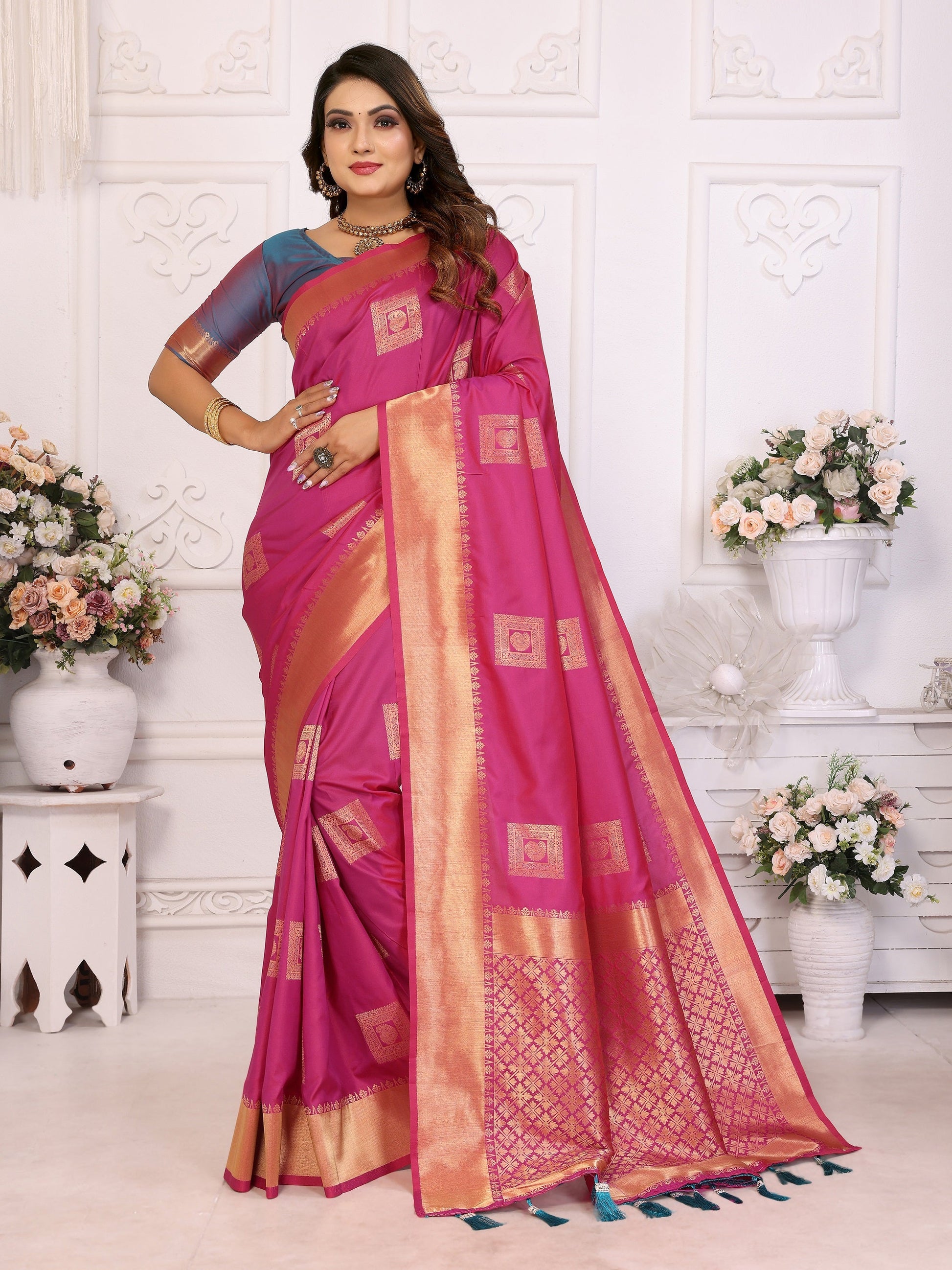 Vedant Vastram Soft Litchi Silk Banarasi Silk Saree - Pink | Swadesiicart