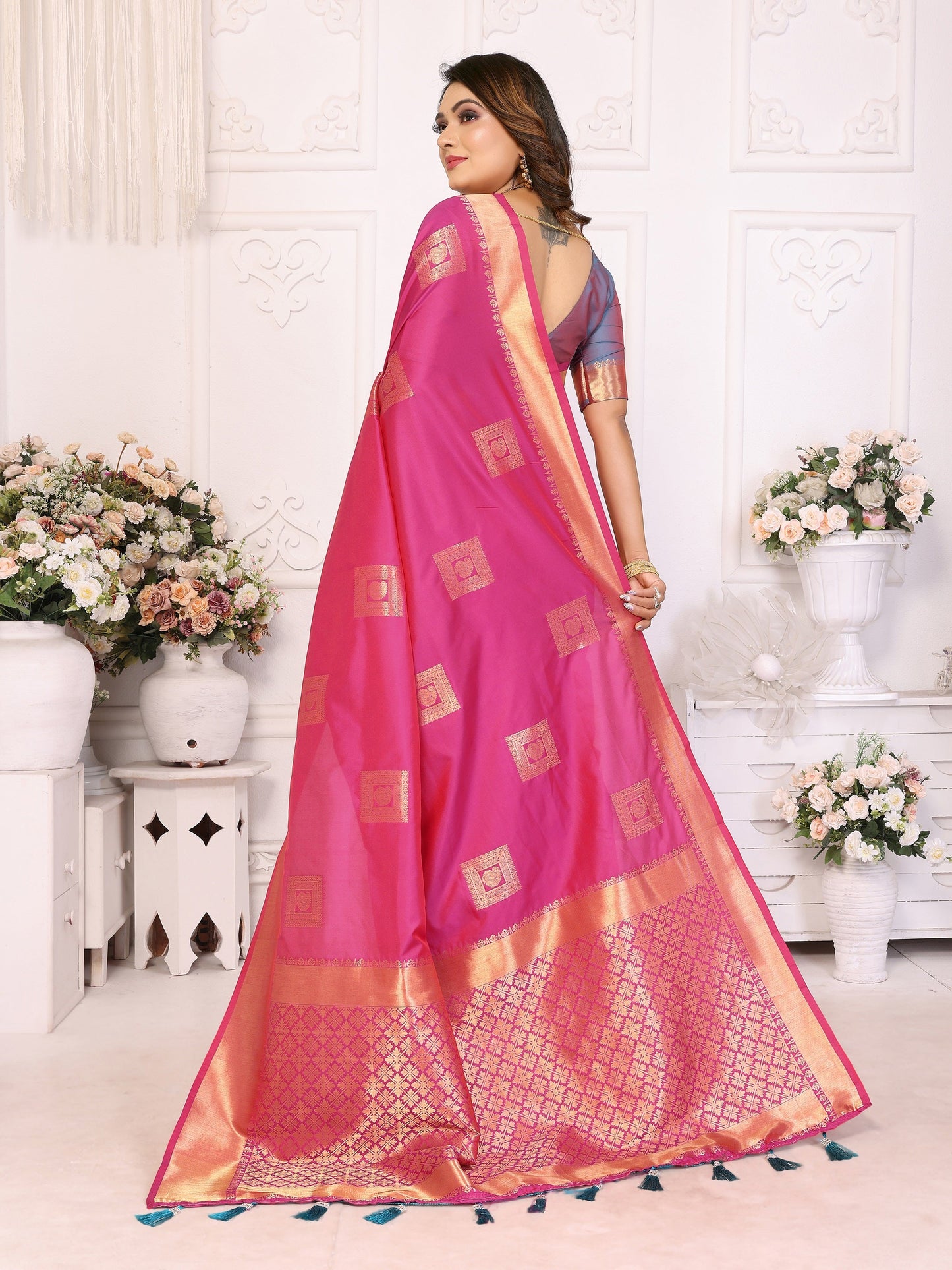 Vedant Vastram Soft Litchi Silk Banarasi Silk Saree - Pink | Swadesiicart