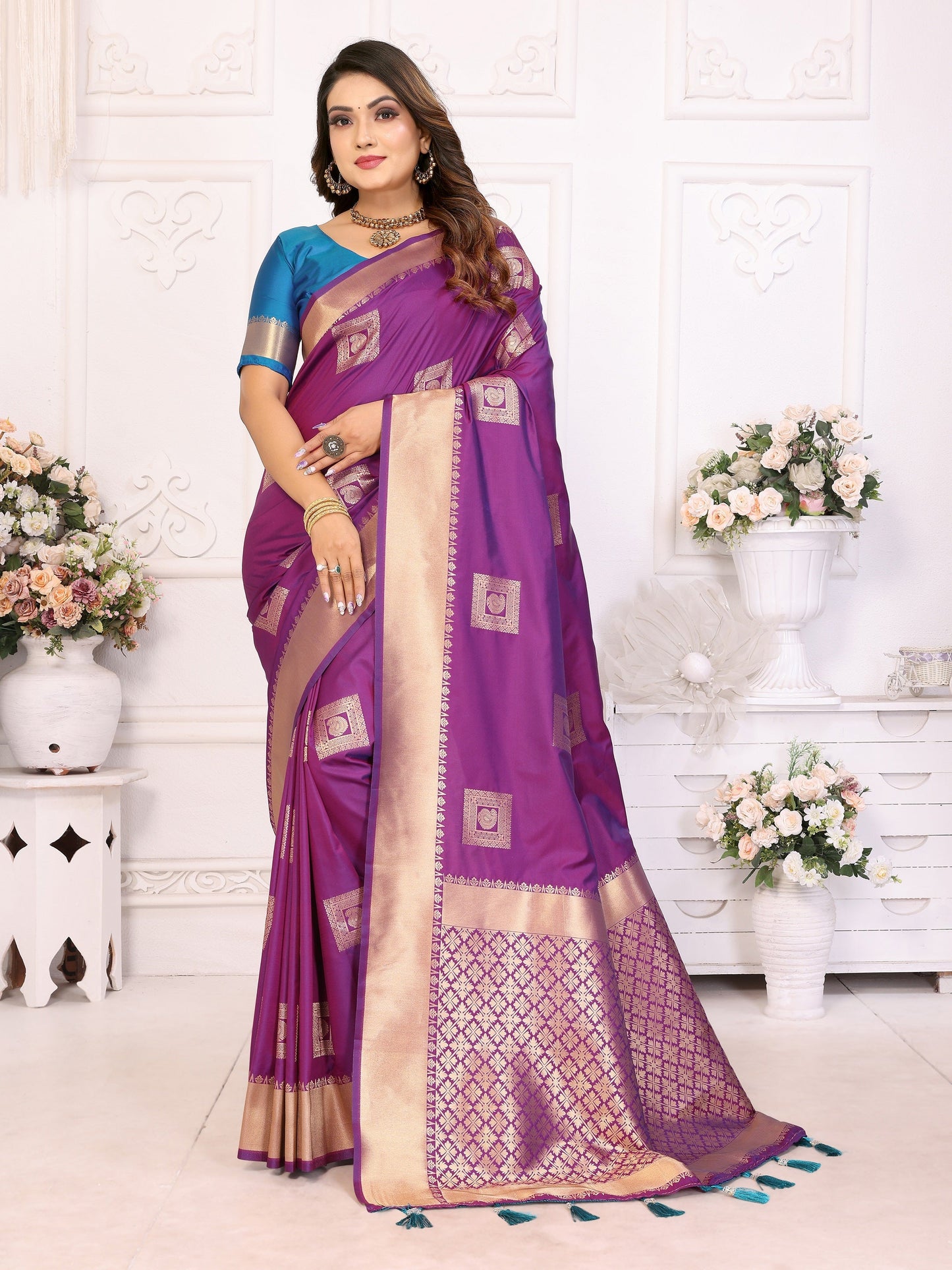 Vedant Vastram Soft Litchi Silk Banarasi Silk Saree - Purple | Swadesiicart
