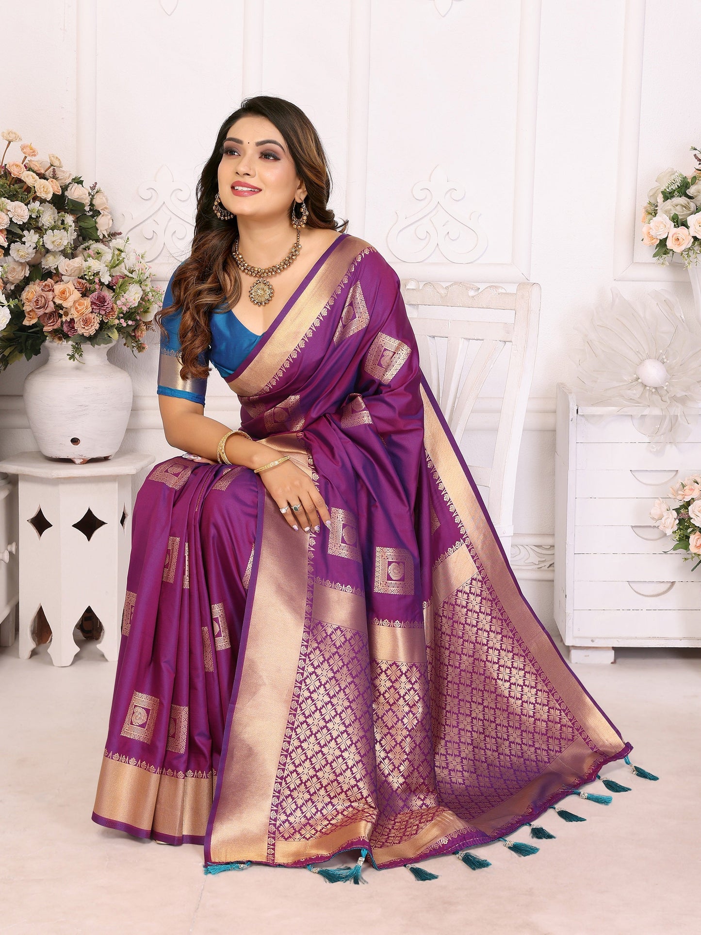 Vedant Vastram Soft Litchi Silk Banarasi Silk Saree - Purple | Swadesiicart