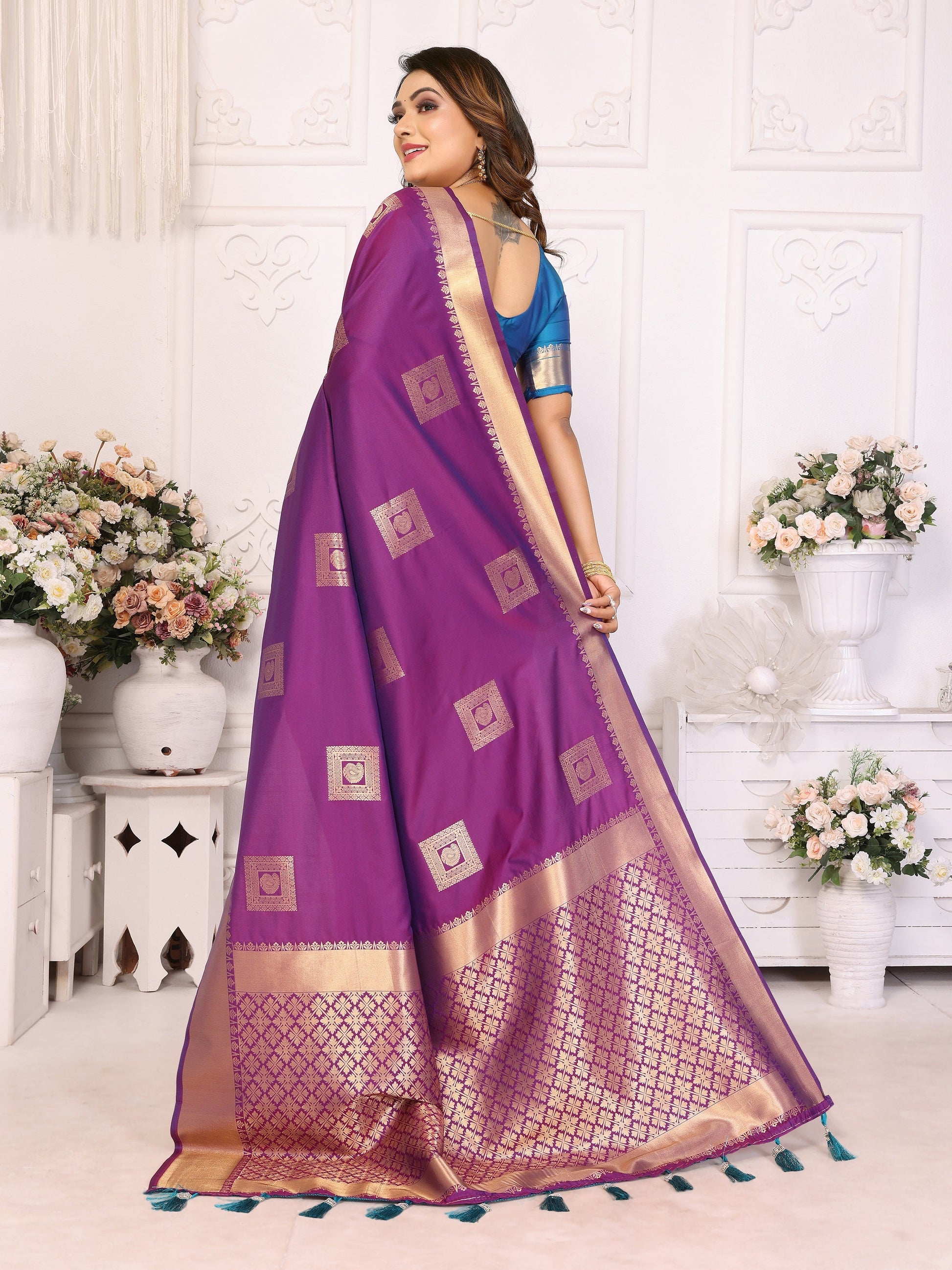 Vedant Vastram Soft Litchi Silk Banarasi Silk Saree - Purple | Swadesiicart