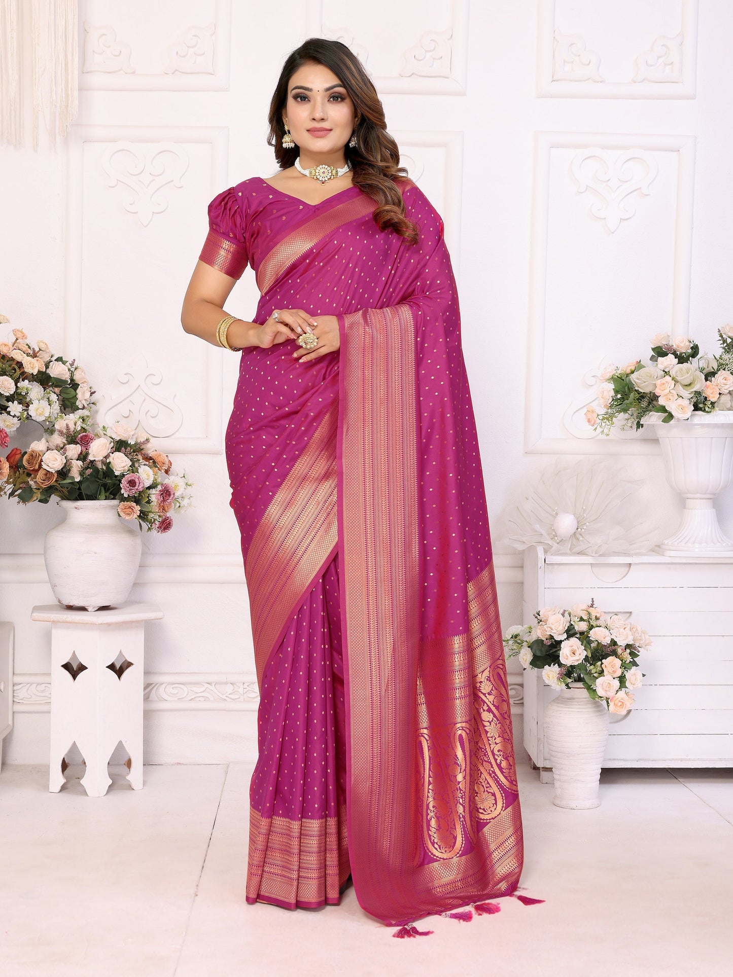Vedant Vastram Soft Litchi Silk Banarasi Silk Saree - Magenta | Swadesiicart