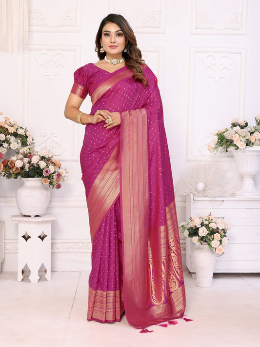 Vedant Vastram Soft Litchi Silk Banarasi Silk Saree - Magenta | Swadesiicart