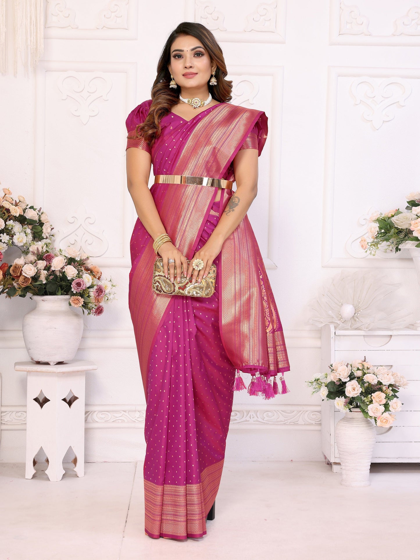 Vedant Vastram Soft Litchi Silk Banarasi Silk Saree - Magenta | Swadesiicart