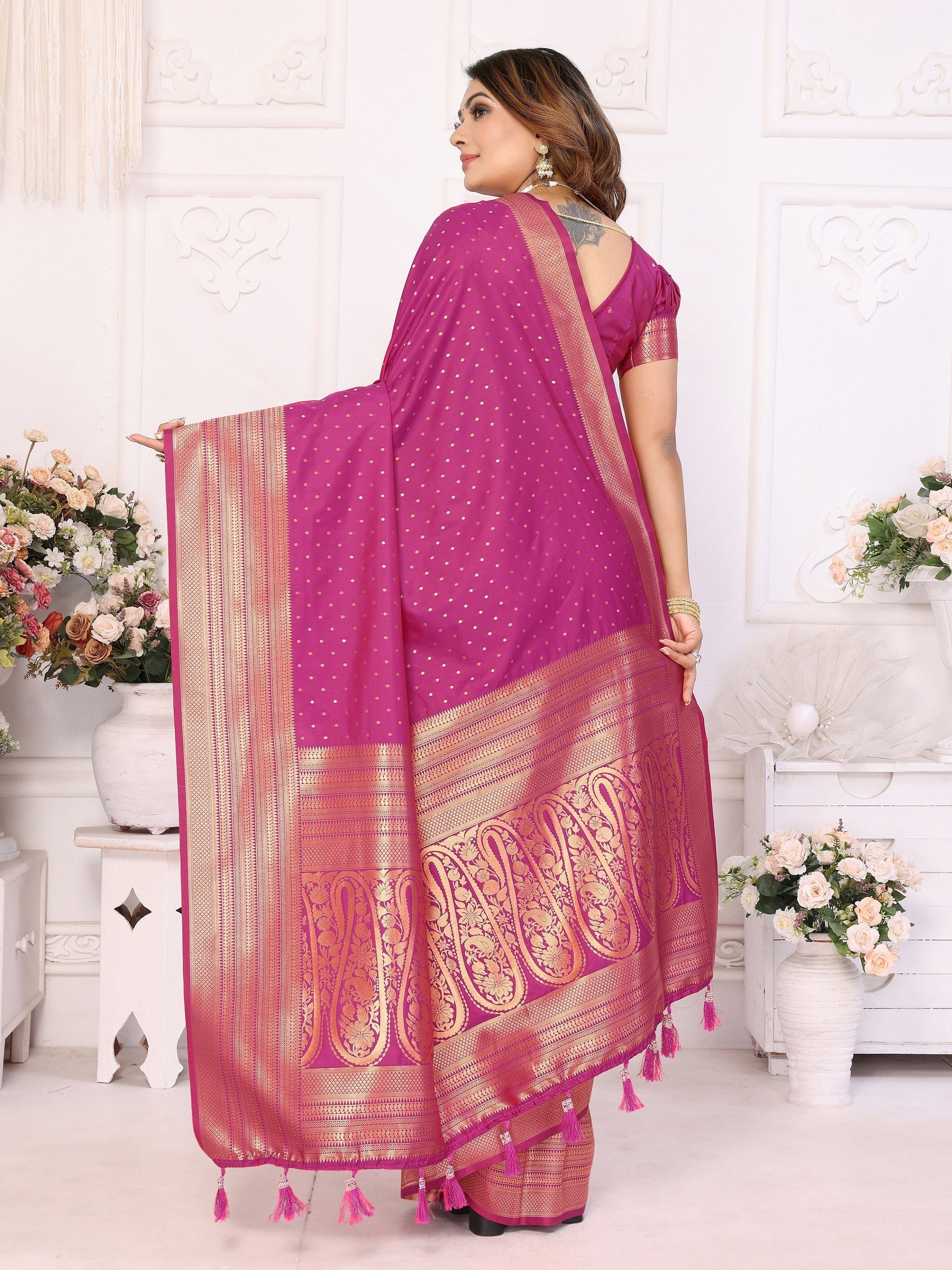 Vedant Vastram Soft Litchi Silk Banarasi Silk Saree - Magenta | Swadesiicart