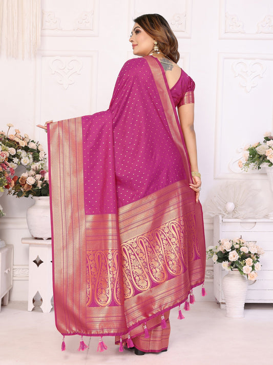 Vedant Vastram Soft Litchi Silk Banarasi Silk Saree - Magenta | Swadesiicart