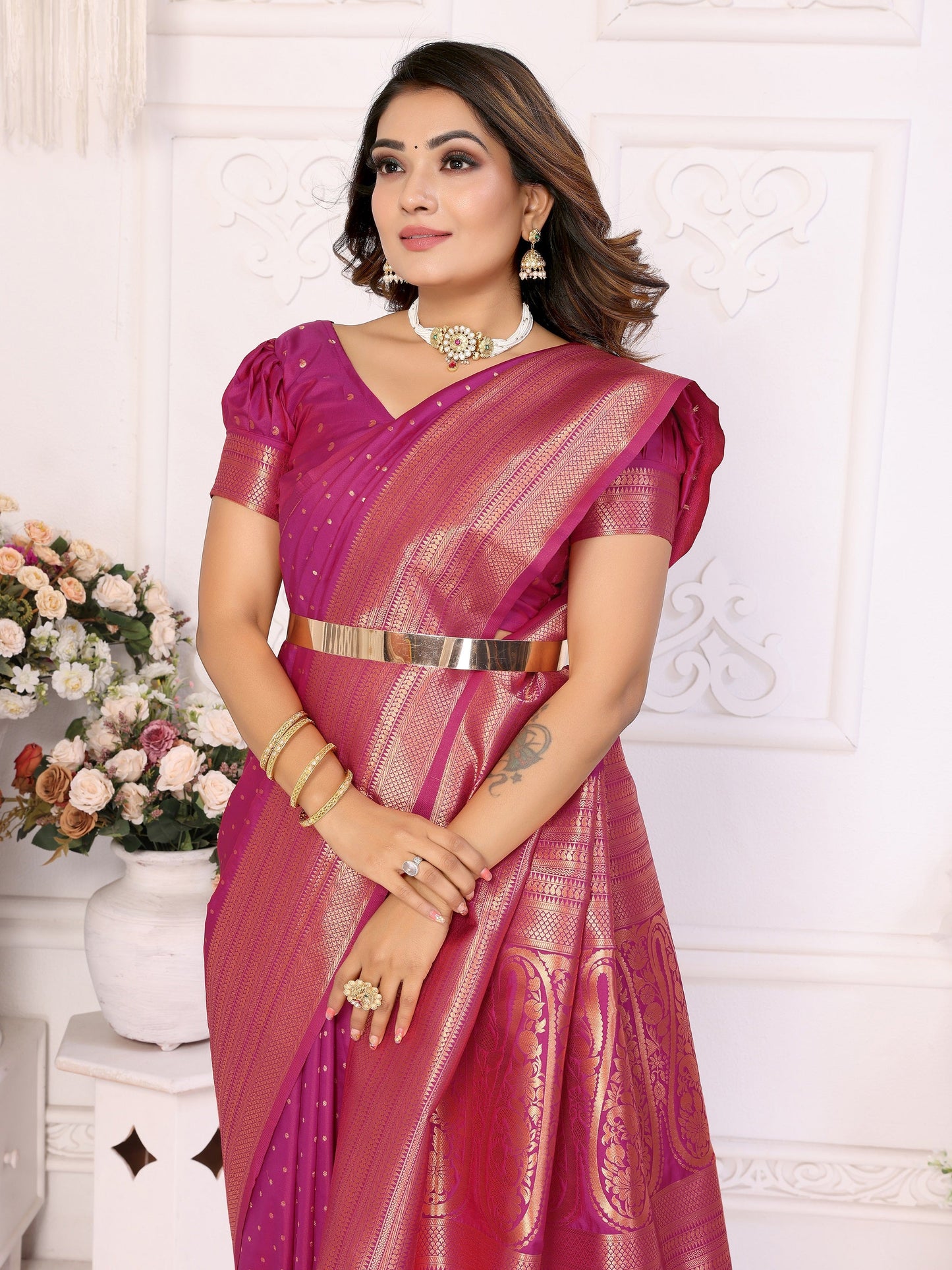 Vedant Vastram Soft Litchi Silk Banarasi Silk Saree - Magenta | Swadesiicart