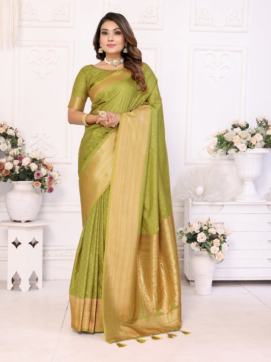 Vedant Vastram Soft Litchi Silk Banarasi Silk Saree - Mahendi | Swadesiicart