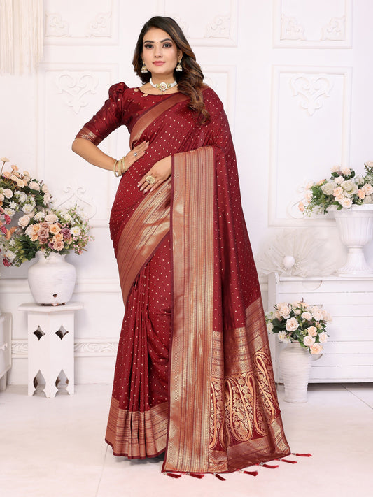 Vedant Vastram Soft Litchi Silk Banarasi Silk Saree - Maroon | Swadesiicart