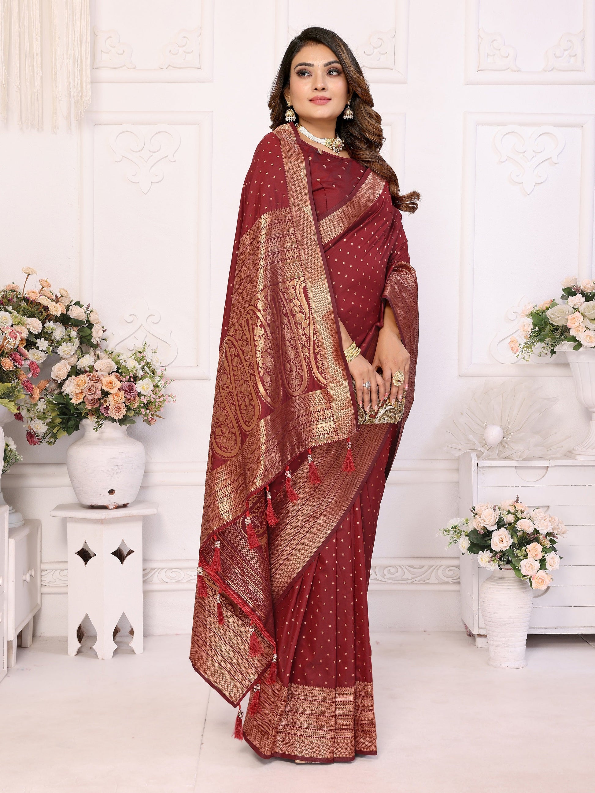 Vedant Vastram Soft Litchi Silk Banarasi Silk Saree - Maroon | Swadesiicart