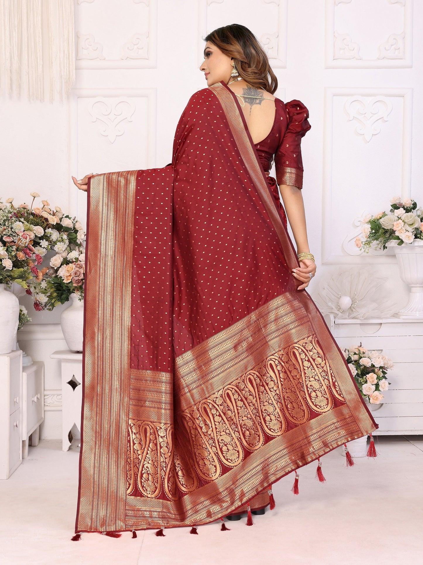 Vedant Vastram Soft Litchi Silk Banarasi Silk Saree - Maroon | Swadesiicart