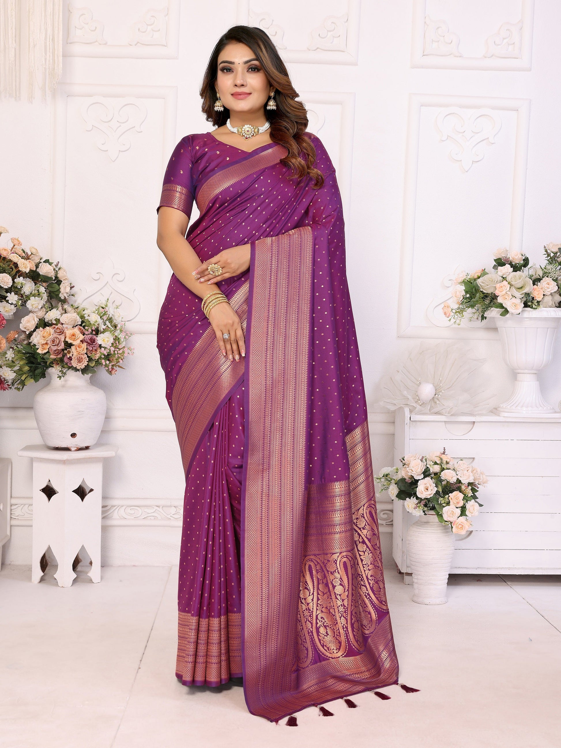 Vedant Vastram Soft Litchi Silk Banarasi Silk Saree - Purple | Swadesiicart