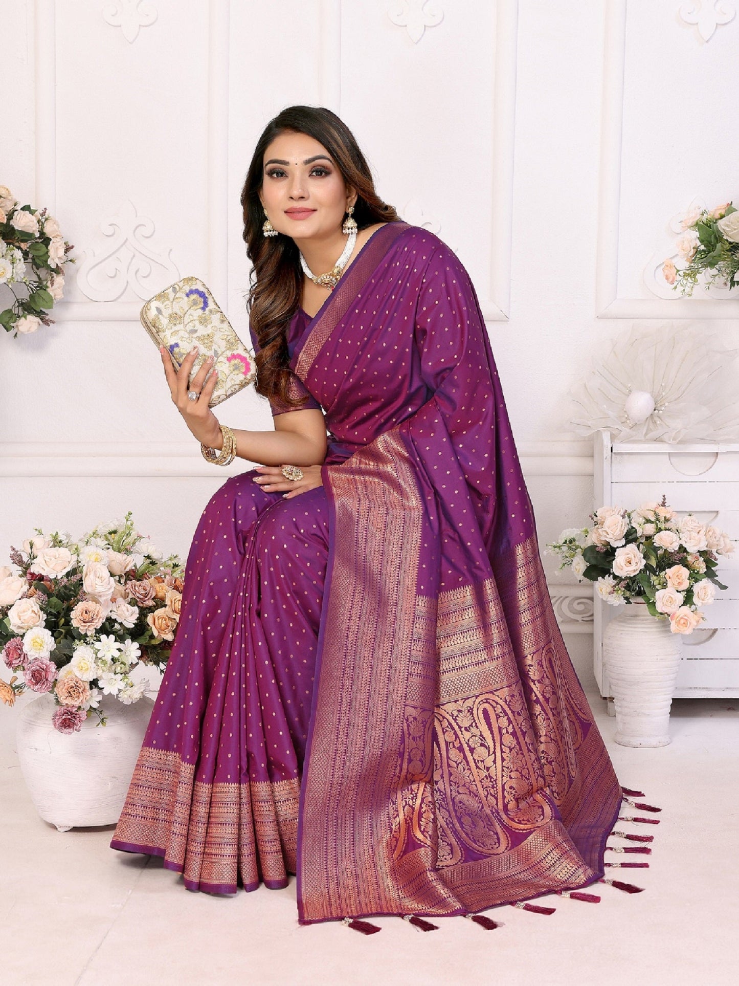 Vedant Vastram Soft Litchi Silk Banarasi Silk Saree - Purple | Swadesiicart