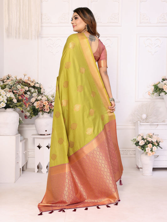 Vedant Vastram Soft Litchi Silk Banarasi Silk Saree - Olive | Swadesiicart