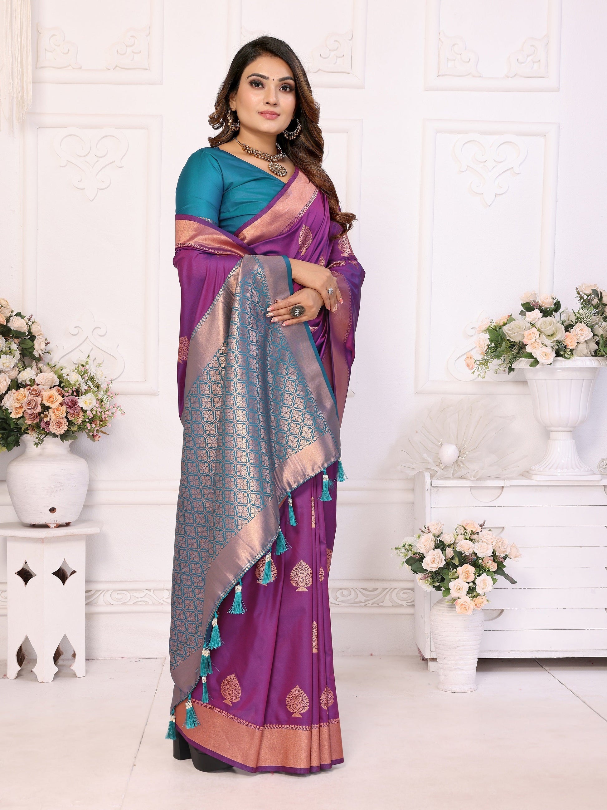Vedant Vastram Soft Litchi Silk Banarasi Silk Saree - Purple | Swadesiicart