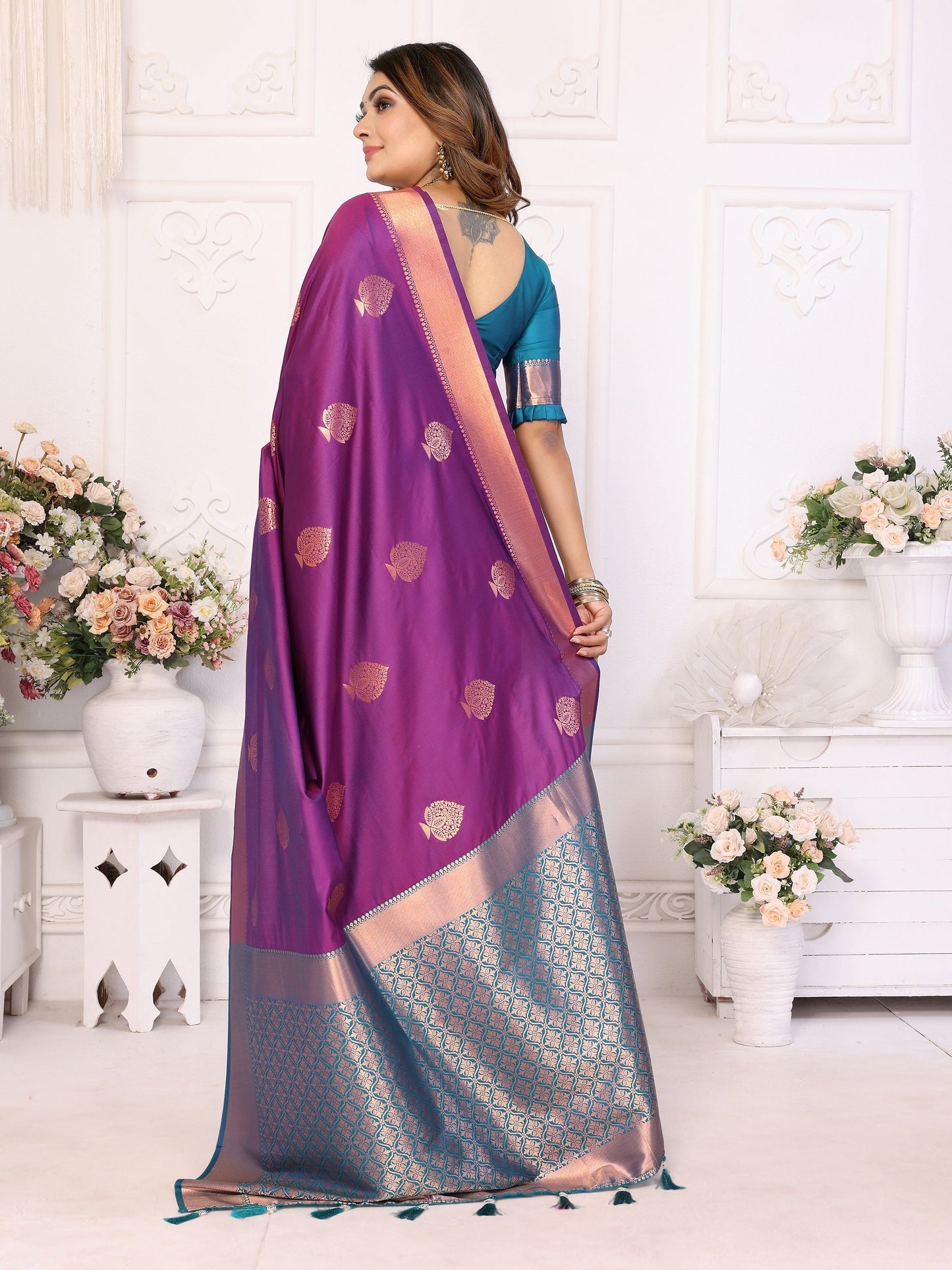 Vedant Vastram Soft Litchi Silk Banarasi Silk Saree - Purple | Swadesiicart