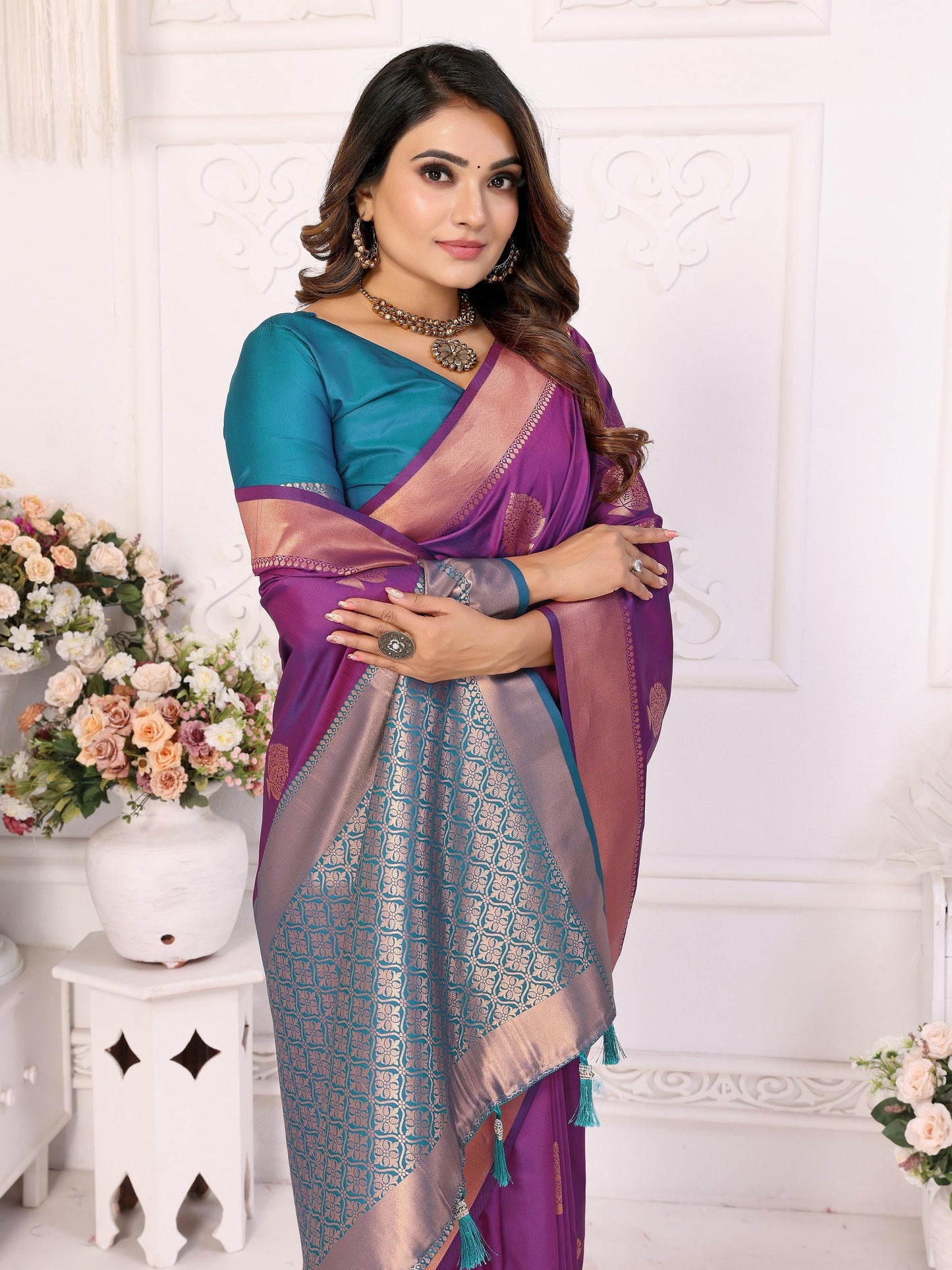 Vedant Vastram Soft Litchi Silk Banarasi Silk Saree - Purple | Swadesiicart