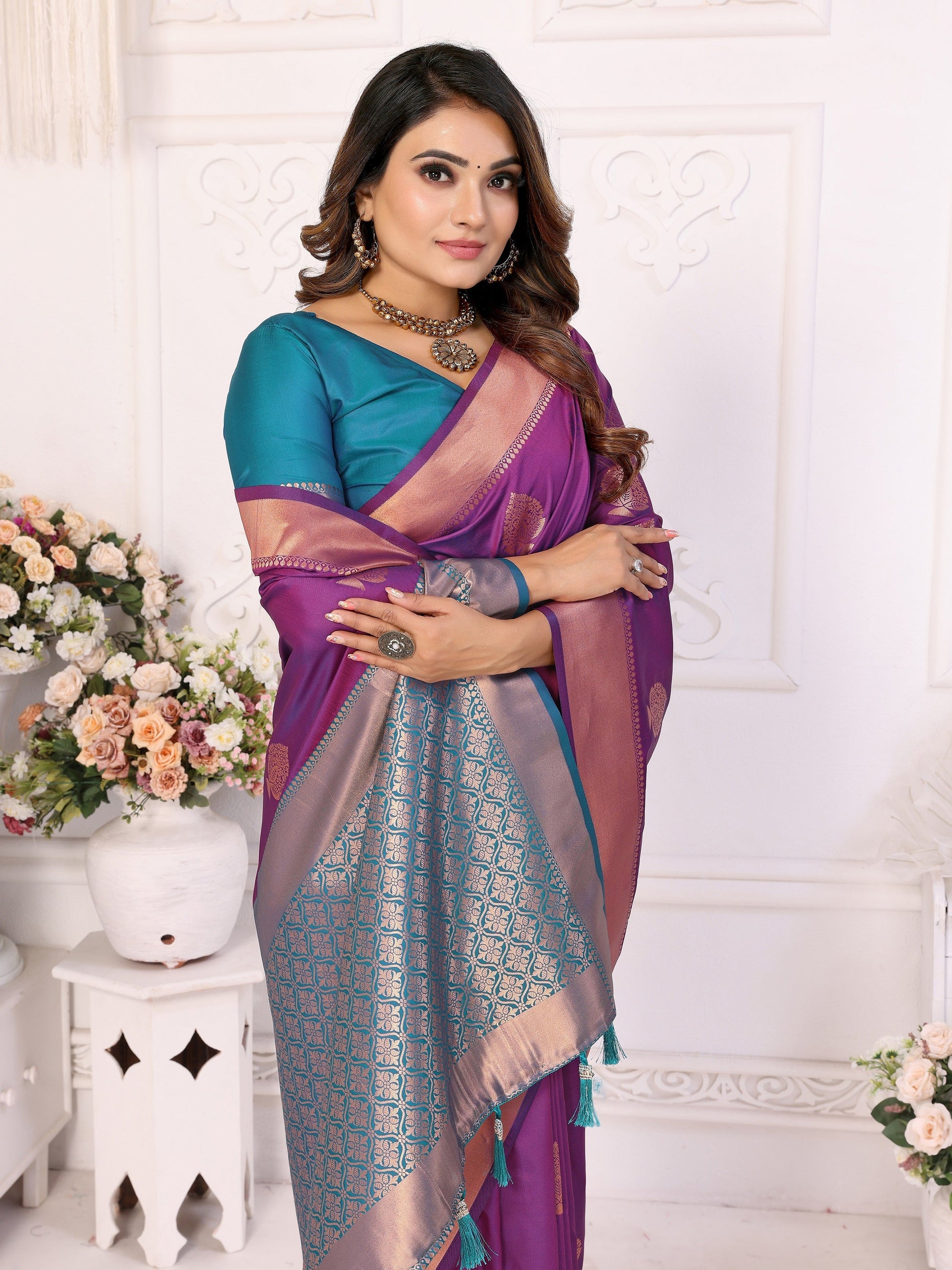 Vedant Vastram Soft Litchi Silk Banarasi Silk Saree - Purple | Swadesiicart