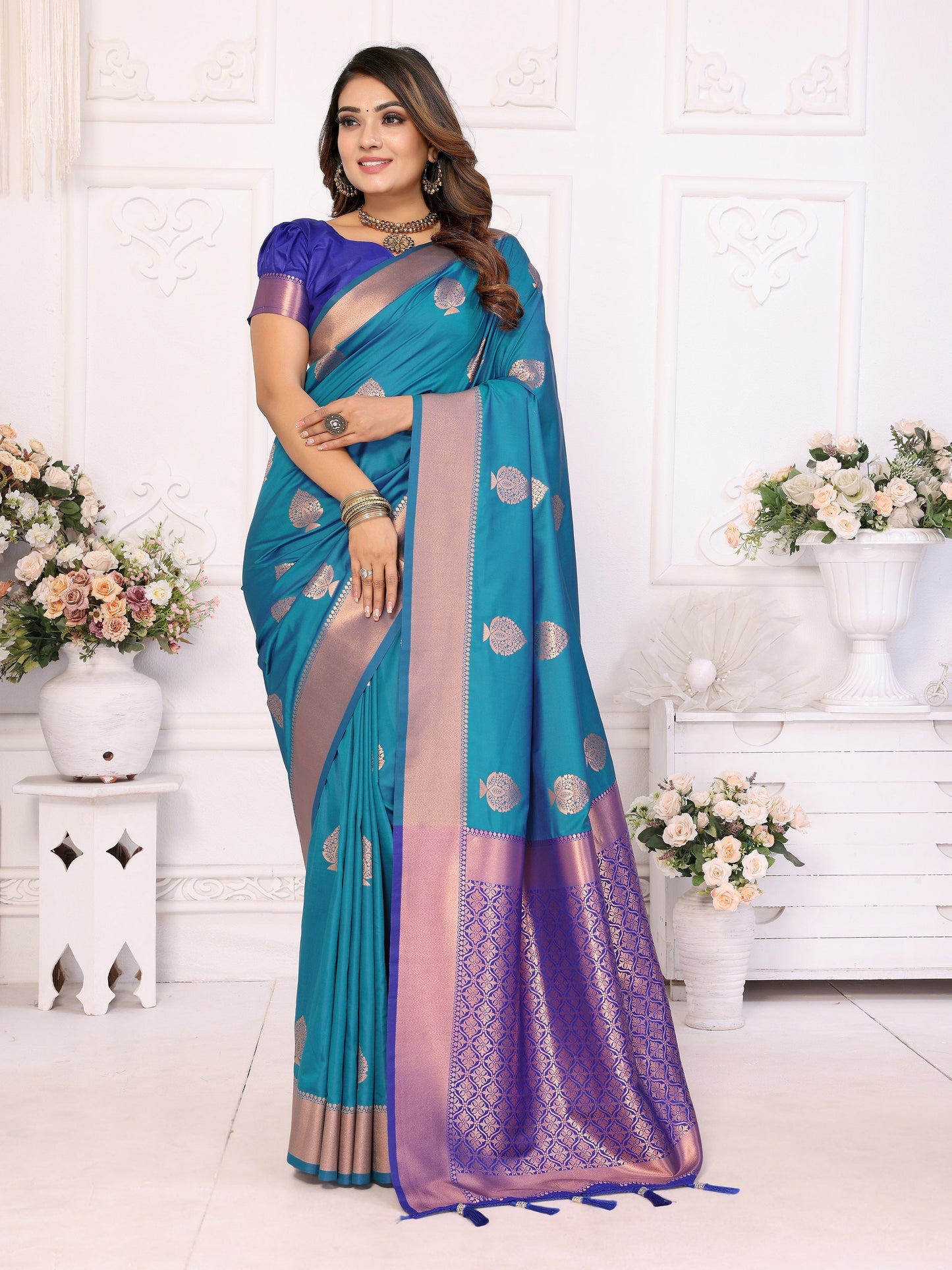 Vedant Vastram Soft Litchi Silk Banarasi Silk Saree - Rama | Swadesiicart