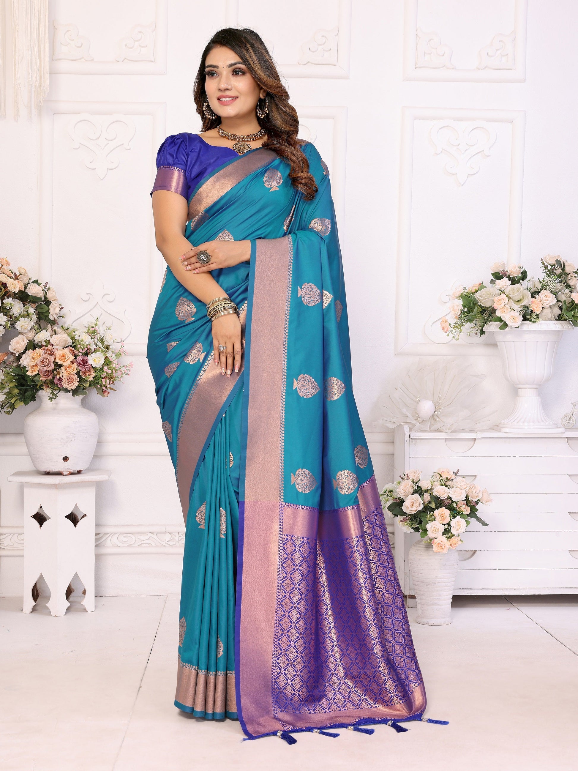Vedant Vastram Soft Litchi Silk Banarasi Silk Saree - Rama | Swadesiicart