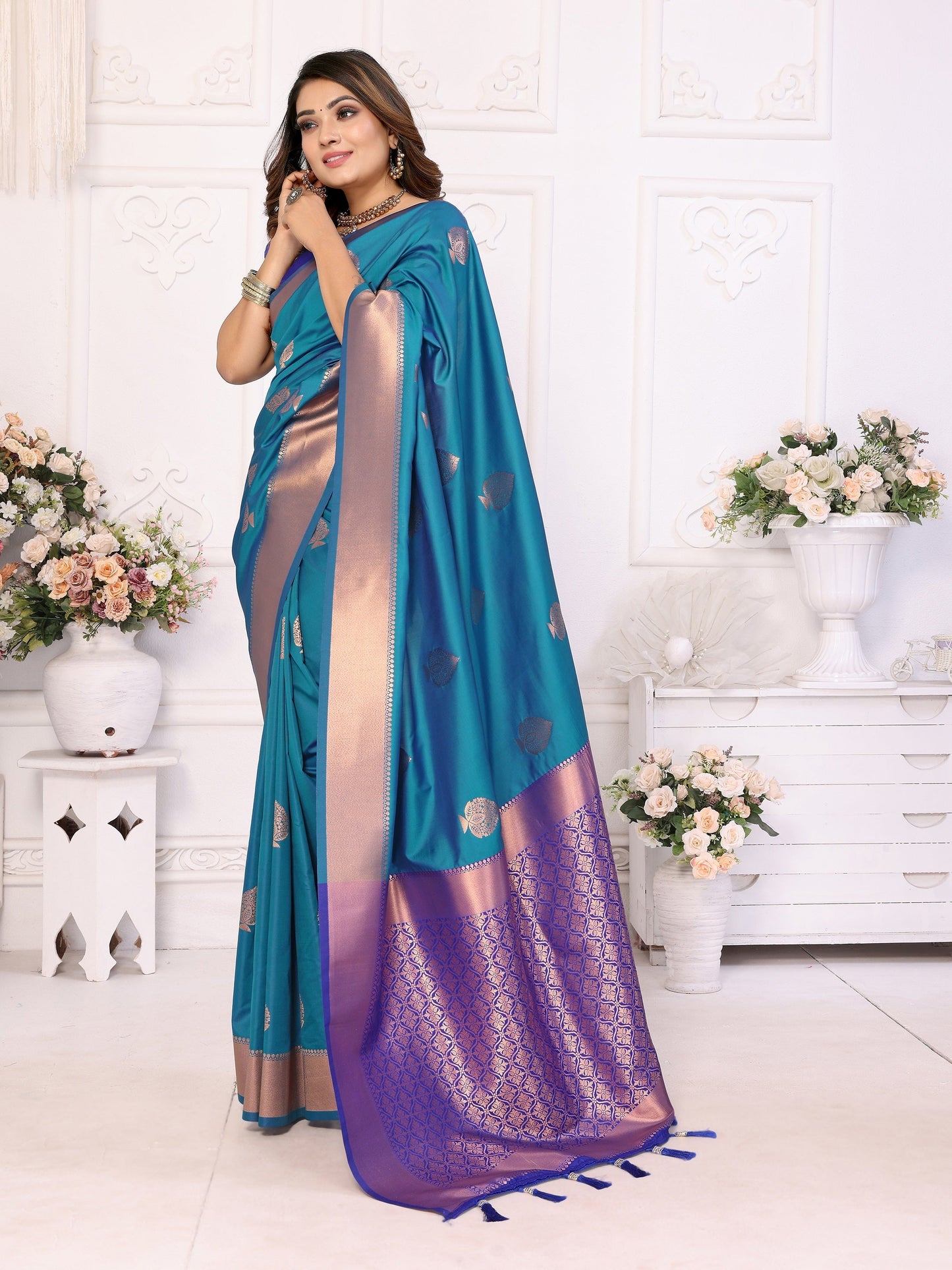 Vedant Vastram Soft Litchi Silk Banarasi Silk Saree - Rama | Swadesiicart