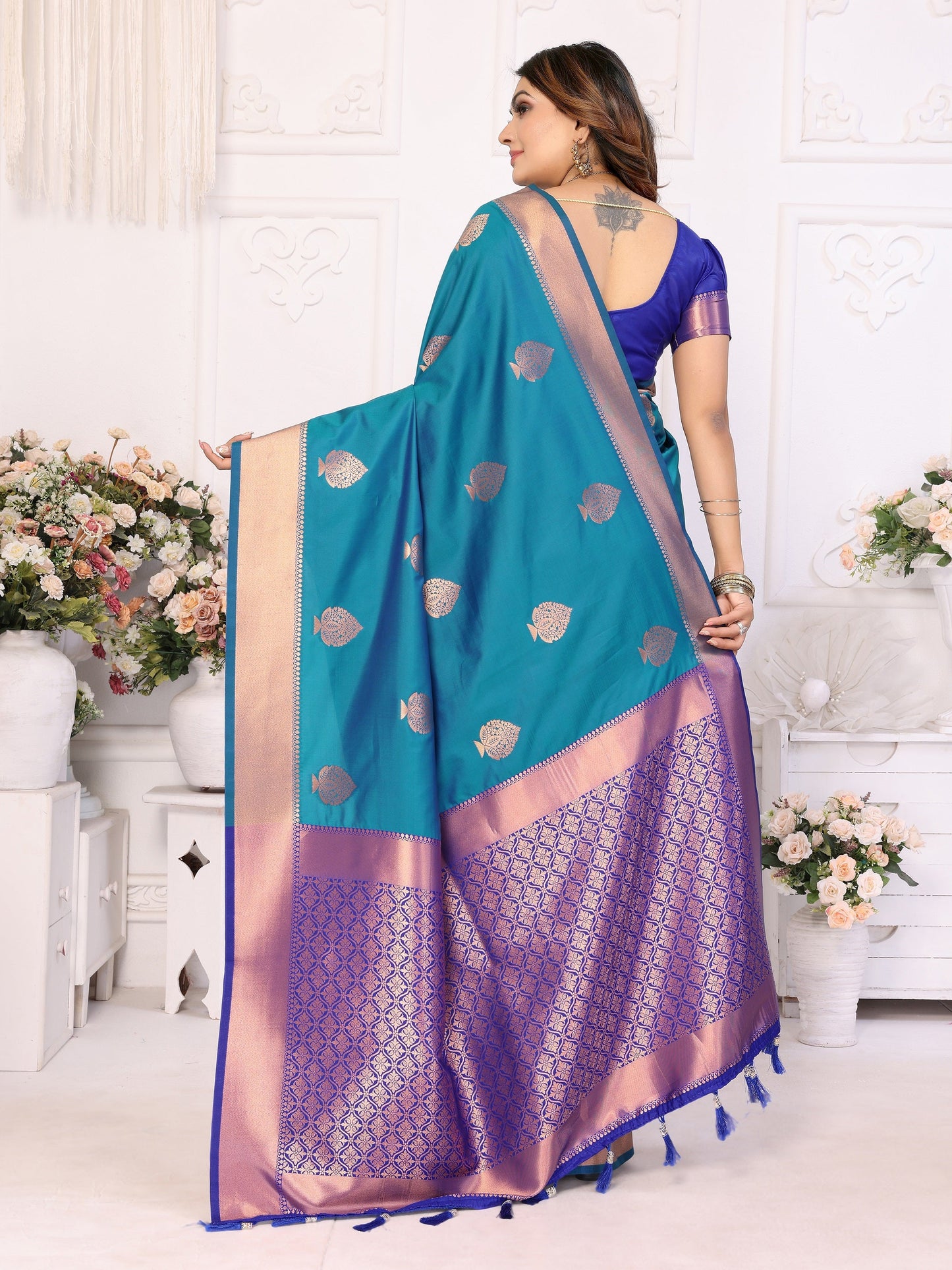 Vedant Vastram Soft Litchi Silk Banarasi Silk Saree - Rama | Swadesiicart