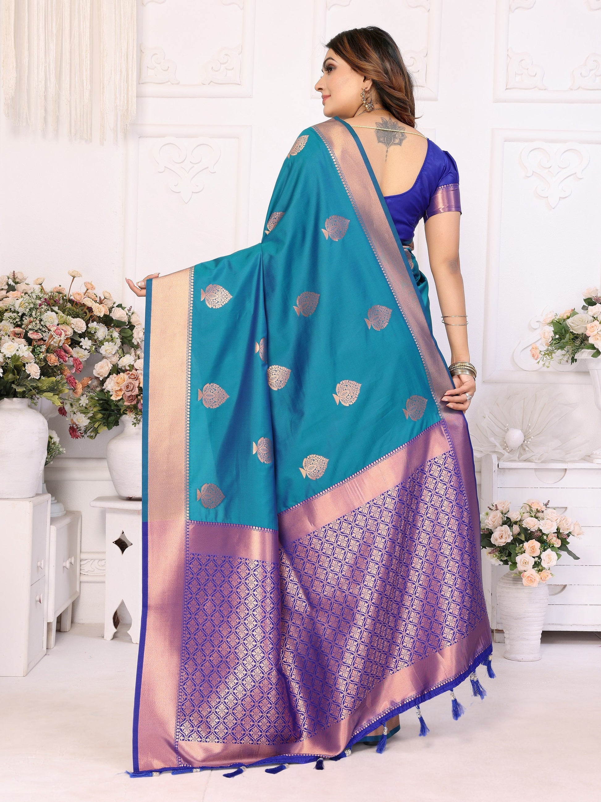 Vedant Vastram Soft Litchi Silk Banarasi Silk Saree - Rama | Swadesiicart