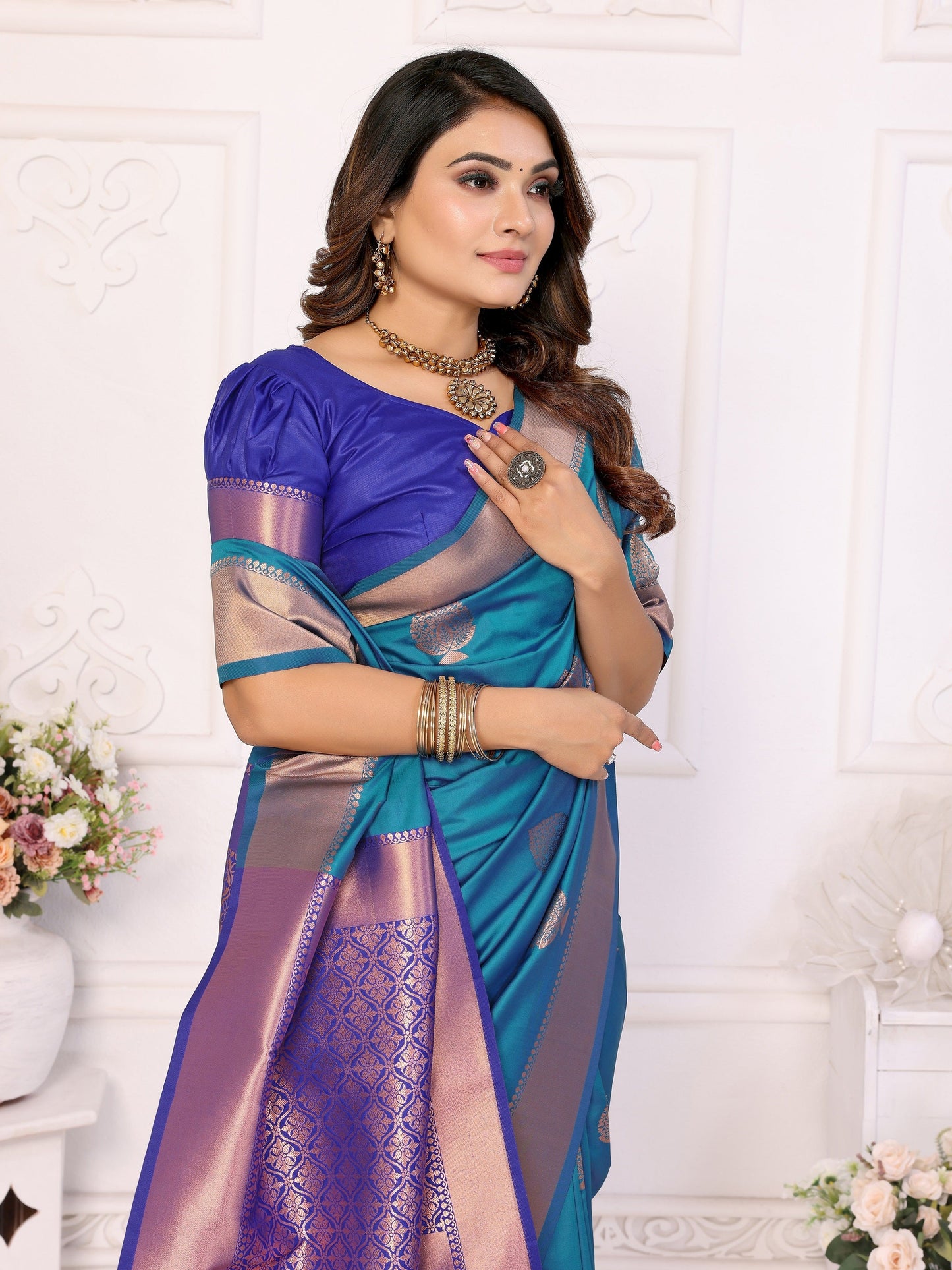 Vedant Vastram Soft Litchi Silk Banarasi Silk Saree - Rama | Swadesiicart
