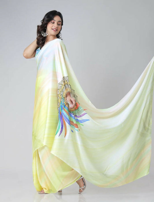 Vastranavya Ombre Yellow Multi-Color Leaves Mandalaa Print Freehand Ready to Wear Saree | Swadesiicart