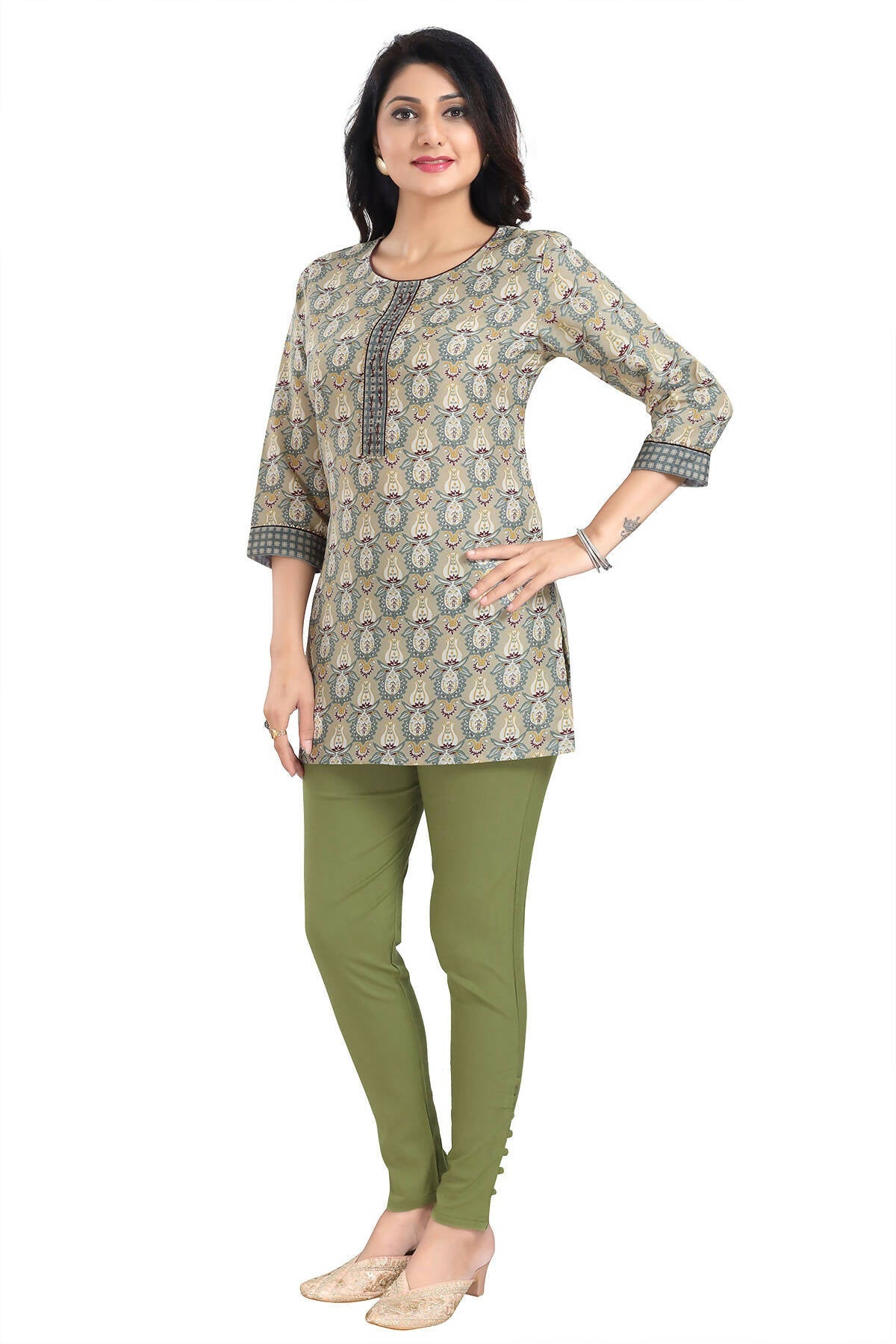 Snehal Creations Pretty Pastle Variyali Green Rayon Short Kurti Tunic Top - Swadesiicart