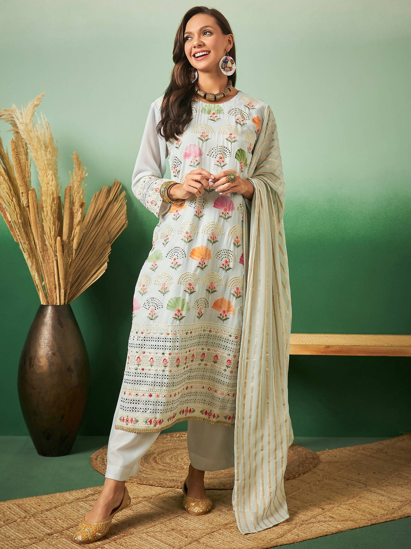 Light Blue Georgette Handwork Unstitched Dress Material - Hanika | Swadesiicart