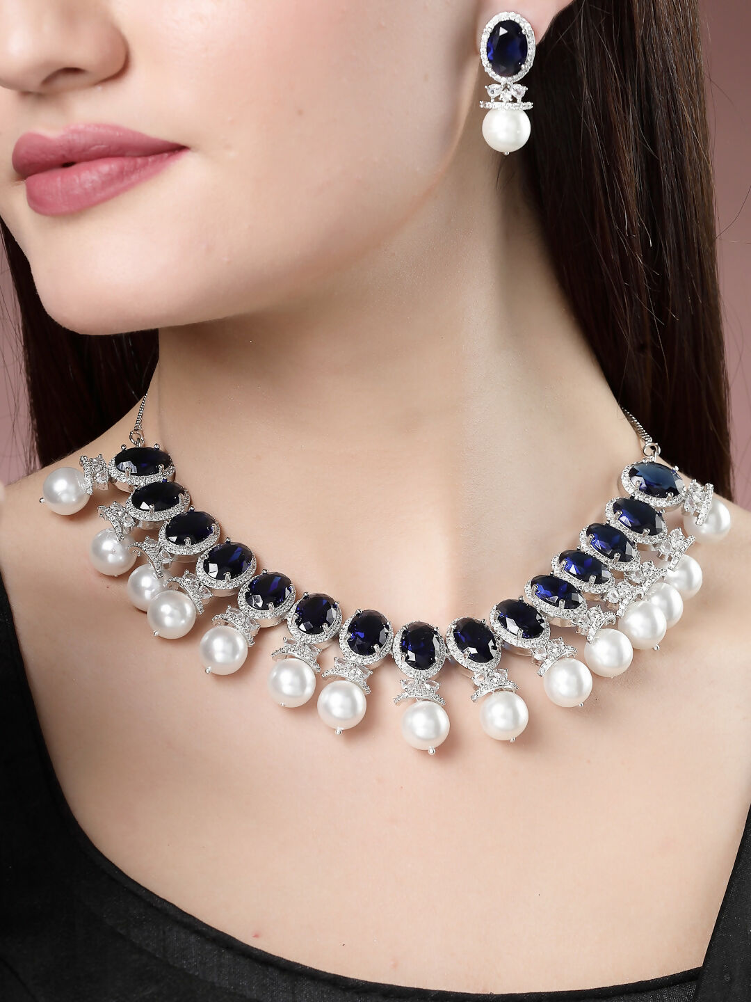 NVR Women's Silver-Plated Blue American Diamond Studded Handcrafted Jewellery Set - NR Retail-NVR