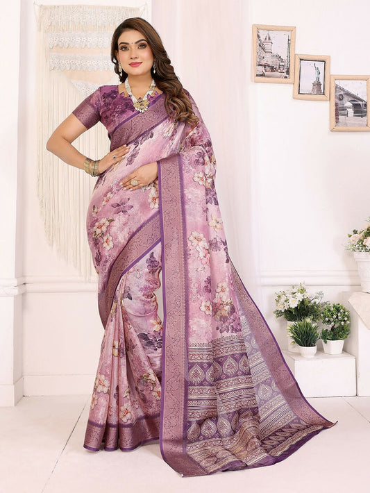Joban Fashion Purple Floral Print pattern Banarasi Silk Sarees | Swadesiicart