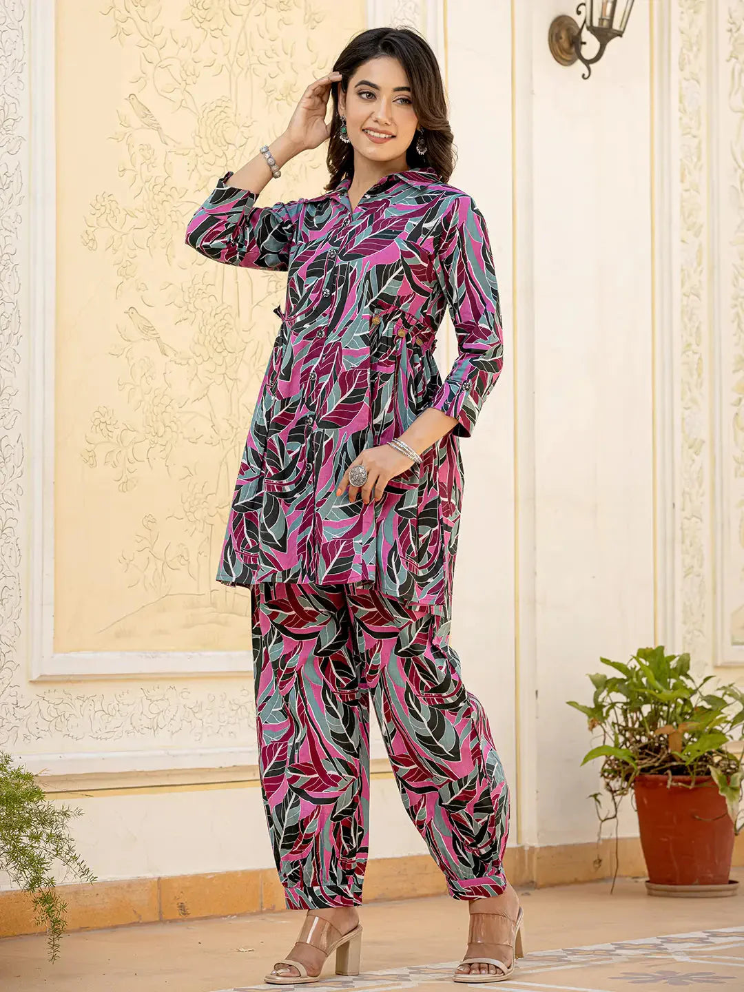 Yufta Multi Leaf Print Cotton Co-Ord Set - Swadesiicart