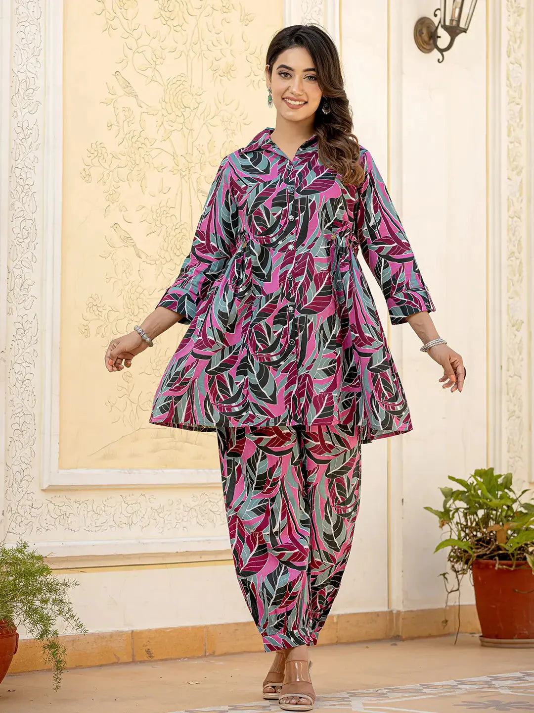 Yufta Multi Leaf Print Cotton Co-Ord Set - Swadesiicart