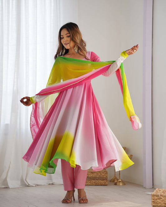 Lorenvalley Women Pure Soft Faux Georgette Colorful Padding Anarkali Kurta Pant With Dupatta Set - Multicolor | Swadesiicart