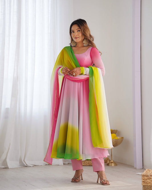 Lorenvalley Women Pure Soft Faux Georgette Colorful Padding Anarkali Kurta Pant With Dupatta Set - Multicolor | Swadesiicart