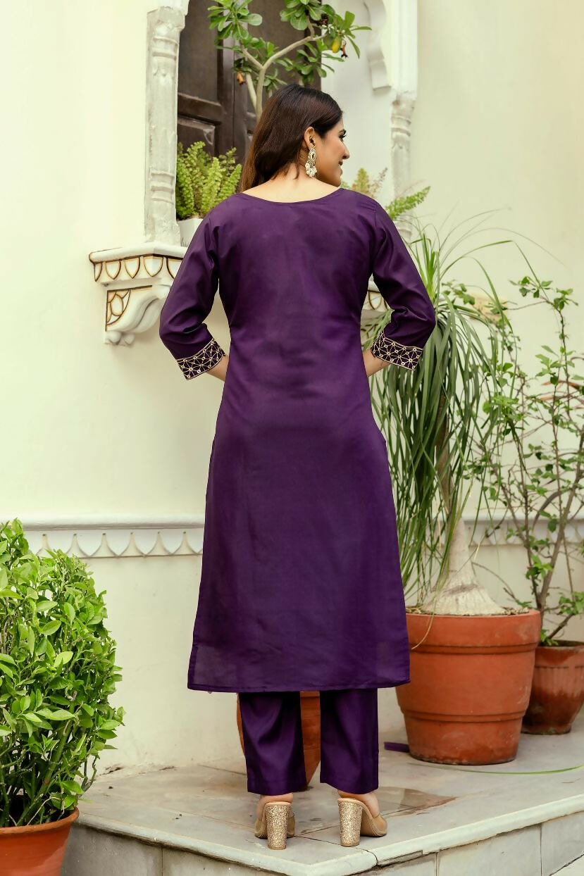 The52 Wine Women's Beautiful Viscose Chanderi Fabric Thread Work Straight Kurta Pant and Dupatta Set - Swadesiicart