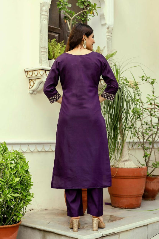 The52 Wine Women's Beautiful Viscose Chanderi Fabric Thread Work Straight Kurta Pant and Dupatta Set - Swadesiicart