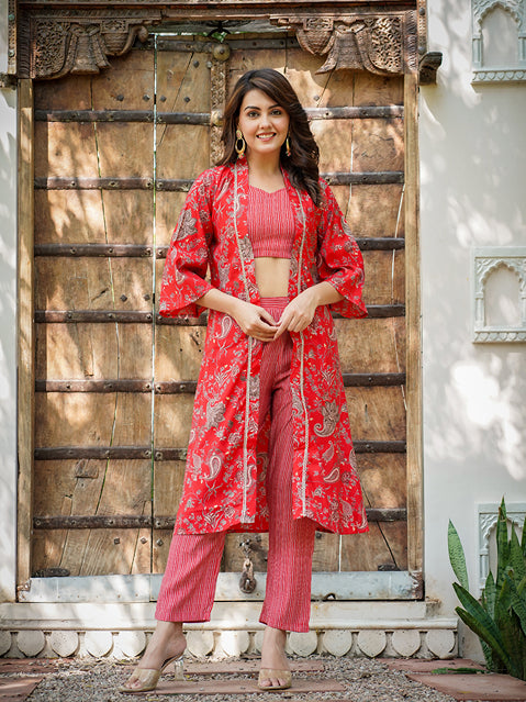 Yufta Muslin Red Co-ord Set With Crop Top And Pant - Swadesiicart