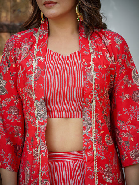 Yufta Muslin Red Co-ord Set With Crop Top And Pant - Swadesiicart