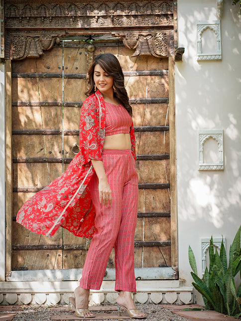 Yufta Muslin Red Co-ord Set With Crop Top And Pant - Swadesiicart