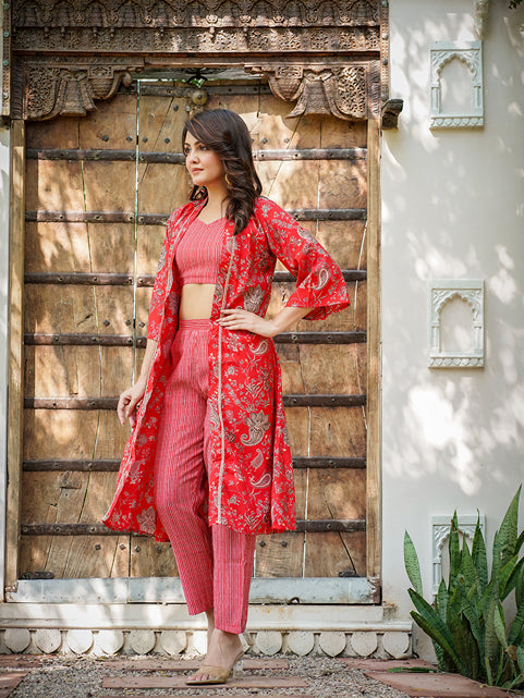 Yufta Muslin Red Co-ord Set With Crop Top And Pant - Swadesiicart