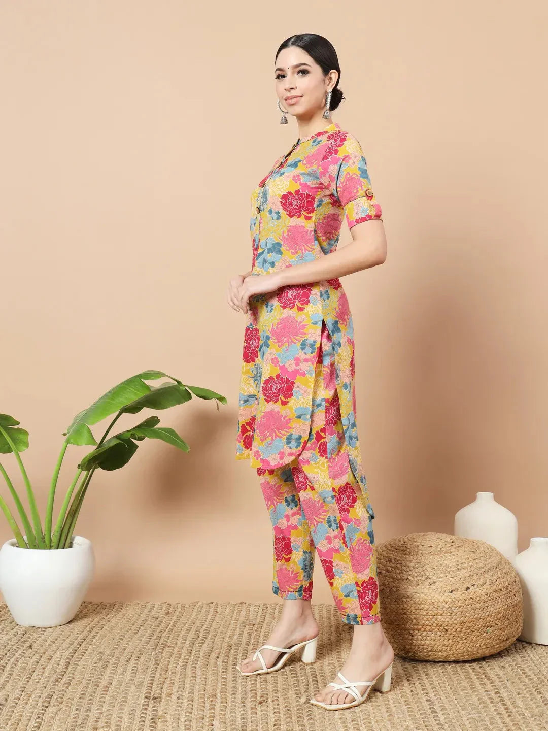 Yufta Mustard Floral Print Hand Work On Yoke Cotton Co-Ord Set - Swadesiicart